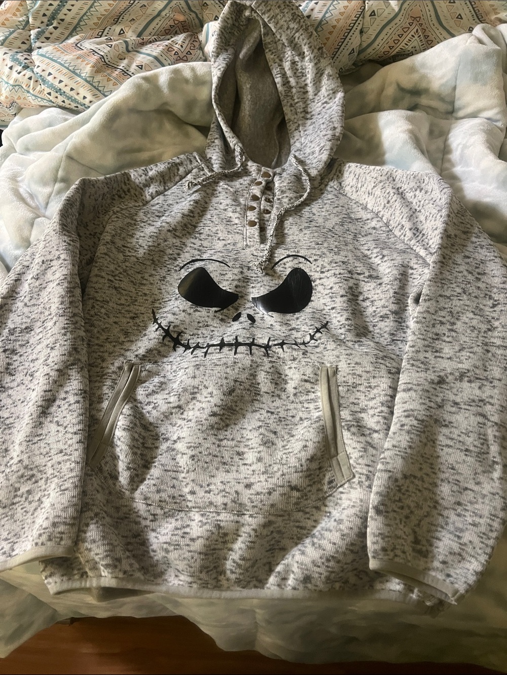 Gray Hooded Pullover Sweater with Black Graphic